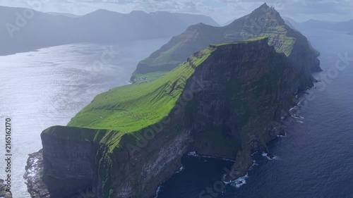 Panoramic Aerial View of Kallur Lighthouse Cliff on Kalsoy Island, Faroe Islands