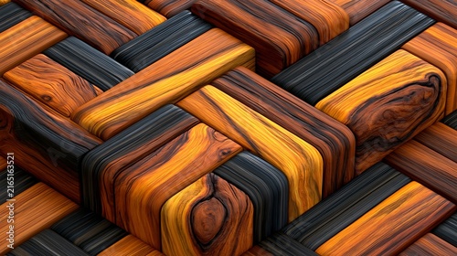 Interwoven polished wood planks with dark gray accents in warm directional lighting creating a textured geometric pattern for abstract backgrounds