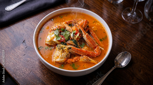 Celebrate Crab Soup Day with this exquisite 4K capture of a steaming, vibrant bowl of homemade crab soup, brimming with fresh seafood and aromatic herbs, a perfect hearty meal