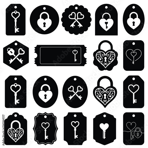 Assorted black silhouettes of keys, locks, hearts, and decorative tags arranged.