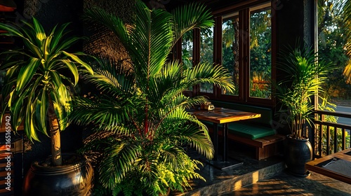 Lush tropical plants on a sun-drenched patio with wooden table and seating