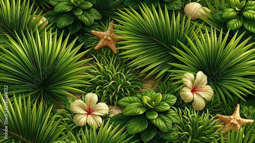 Lush tropical foliage with hibiscus flowers and starfish during bright daylight