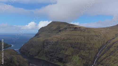 Aerial View of Foggy Mountains and Slættaratindur Peak in Faroe Islands