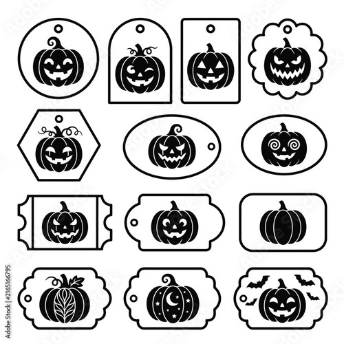 Assorted Halloween-themed tags featuring jack-o'-lanterns in various shapes.