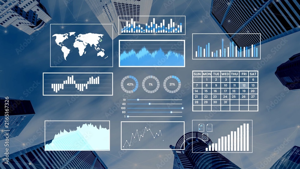 Naklejka premium Futuristic Data Visualization with Graphs and Charts Against a City Skyline in Blue and White Colors for Business and Financial Analysis Gluon.