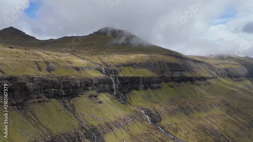 Aerial View of Foggy Mountains and Slættaratindur Peak in Faroe Islands