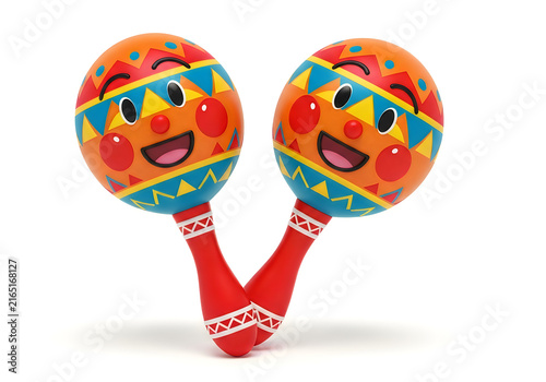 Two colorful maracas with happy faces isolated on white background