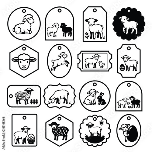 Black and white illustration of various sheep-themed tags and labels.