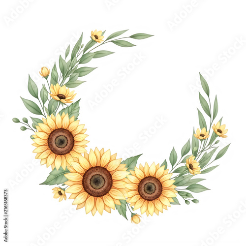 Watercolor sunflower wreath with green leaves in a round frame