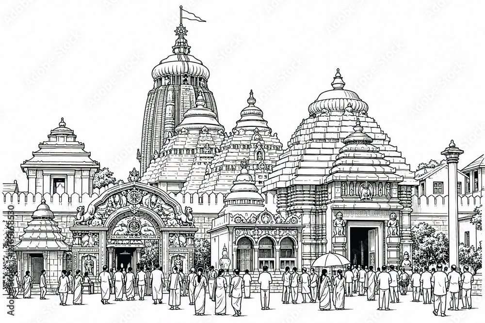 Obraz premium Historical ink drawing of an indian temple complex with towering domes and gathered crowds of people