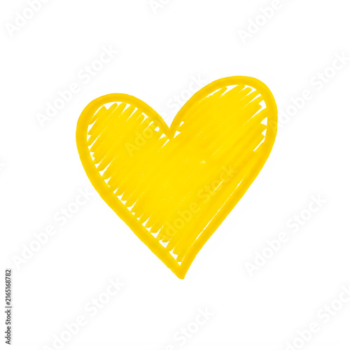 Yellow hand drawn heart shape isolated on a white background