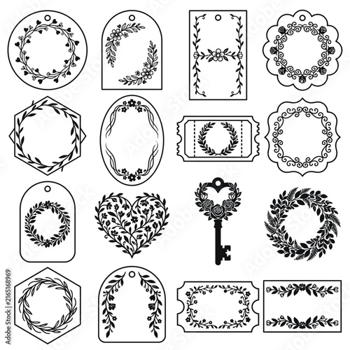 Black and white illustration set of ornate wreaths, frames, and decorative tags.