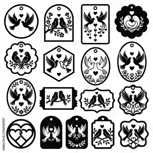 Collection of ornate bird and heart designs in various shapes and patterns.