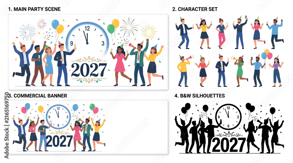 Fototapeta premium Diverse group of people celebrating New Year 2027 with confetti and balloons.