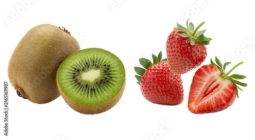 Fresh kiwi and strawberries cut in half against white background.