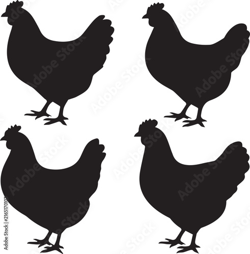 Black silhouette icons of four chickens standing on white background