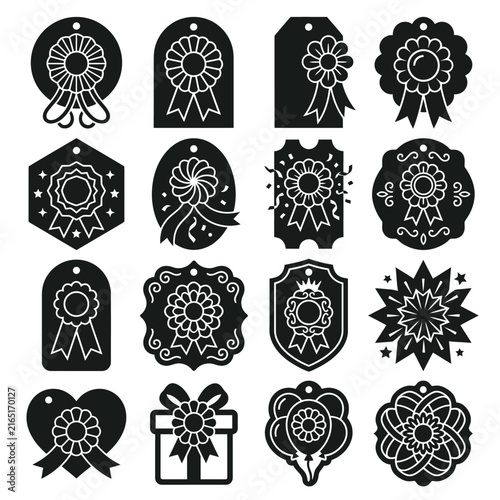 Collection of sixteen black and white decorative award ribbons and badges.