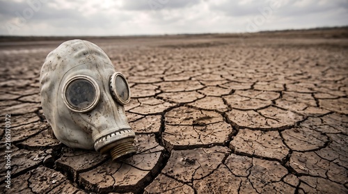 Vintage gas mask on dry cracked earth representing climate crisis