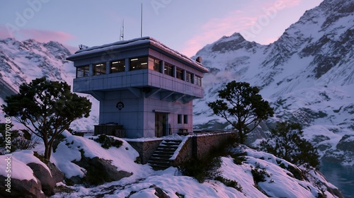 Remote mountain weather station building under soft twilight sky with snowy peaks and evergreen trees