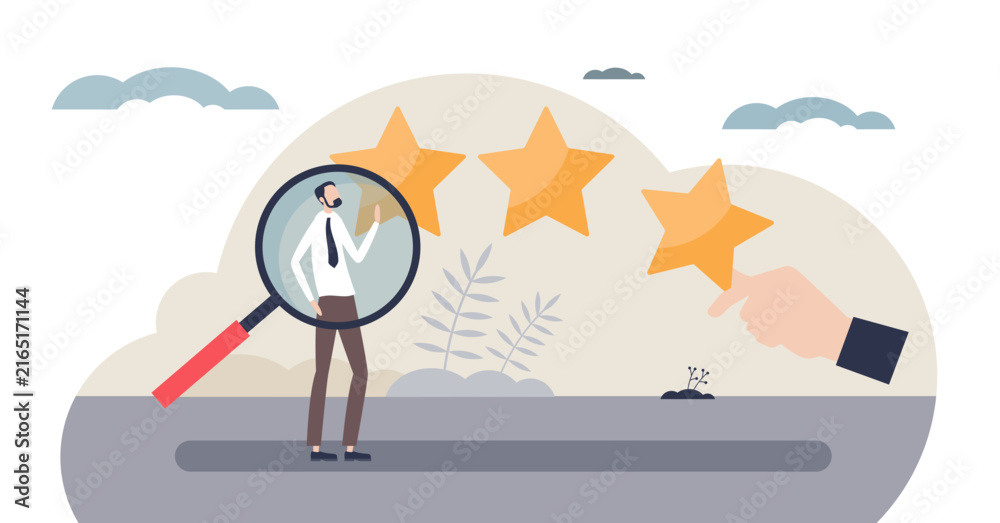 Naklejka premium Employee experience rating visualizes performance, magnifying glass on employee, hand giving star, three stars for recognition and feedback, transparent background