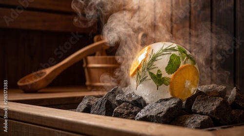 Herbal ice ball melting on hot sauna stones aufguss aroma technique ice and heat contrast photo