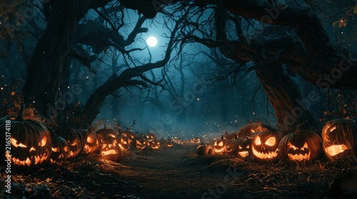 Halloween Banner with Glowing Jack O Lantern Pumpkins in Spooky Moonlit Forest