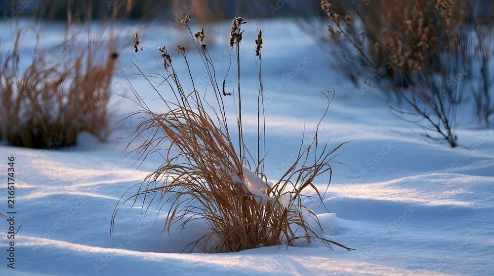 Obraz premium Dry grasses emerge from snow under soft sunlight creating a serene winter landscape with gentle shadows and crisp textures