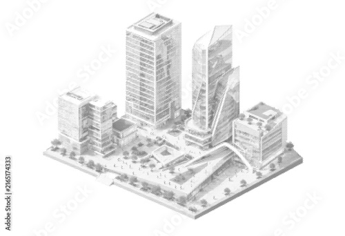 Fotografie cityscape skyline halftone metropolis skyscrapers isometric downtown architectur