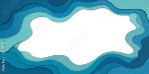 Abstract blue green paper cut layered frame background with central white copy space