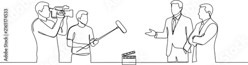 Continuous line drawing of a film crew interviewing people in suits . one line vector illustration with white Background