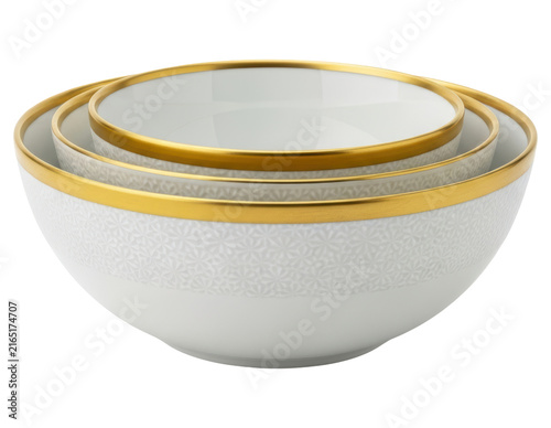 Elegant white porcelain nesting bowls with gold rim on a transparent background