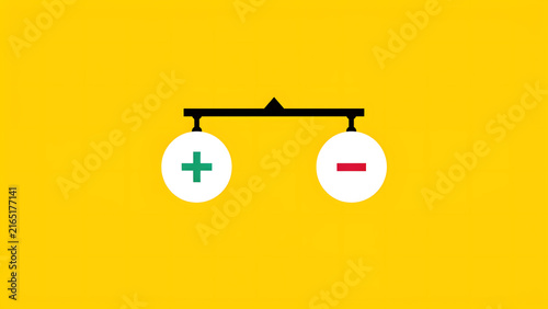 A balance scale with positive and negative symbols on a yellow background