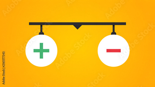 A conceptual balance scale illustration showing plus and minus symbols