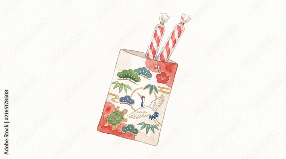 Fototapeta premium Watercolor chitose ame bag with auspicious motifs shichi go san illustration with copy space