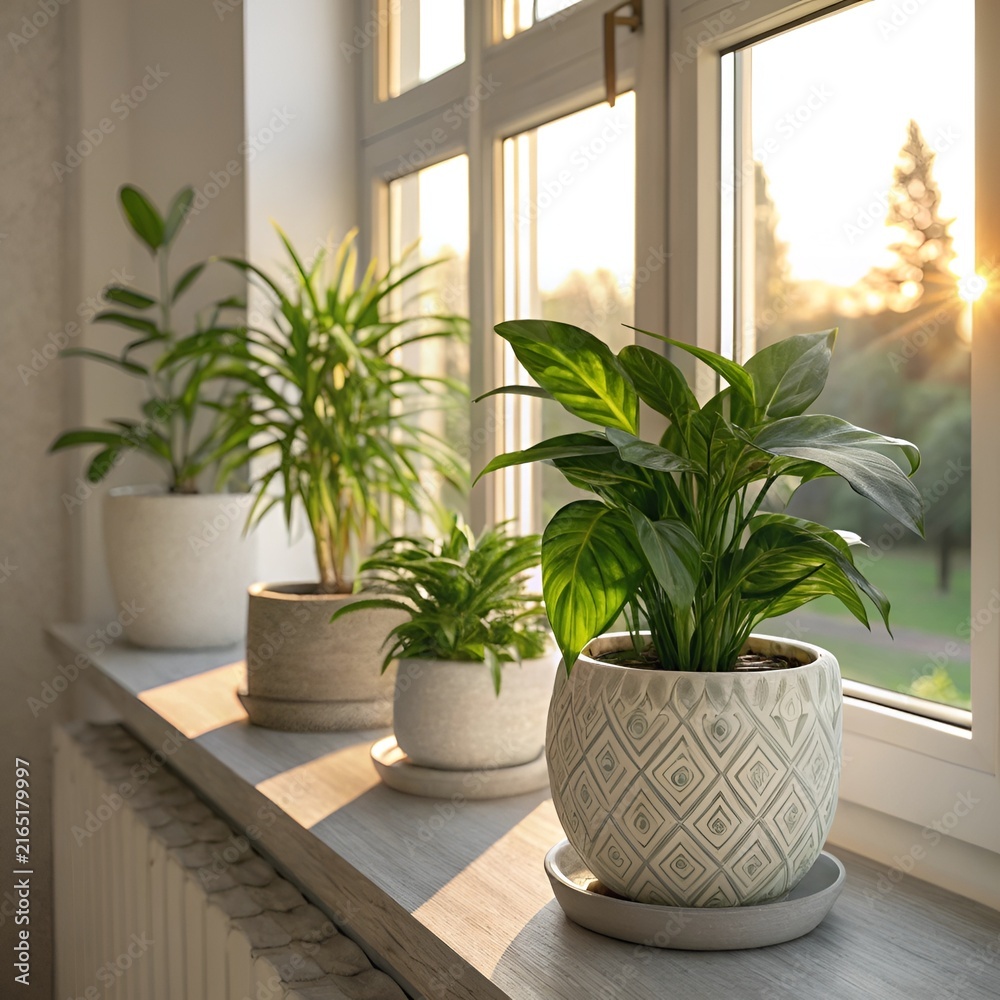 Fototapeta premium Potted green houseplants on a windowsill bathed in warm golden hour sunlight with soft bokeh background