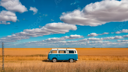 A warm intimate photograph of an open road adventure featuring a vintage camper van traveling across a vast golden landscape