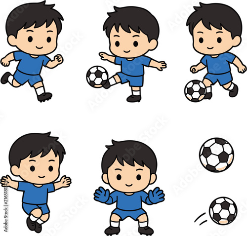Boy playing soccer with ball in various poses against white backdrop