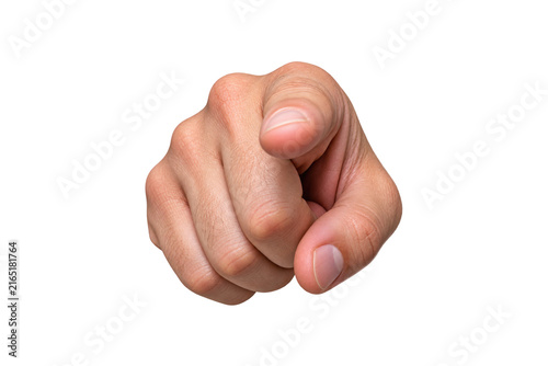 Foto Close-up of a human hand pointing directly toward the viewer with an extended index finger, isolated on a clean white background