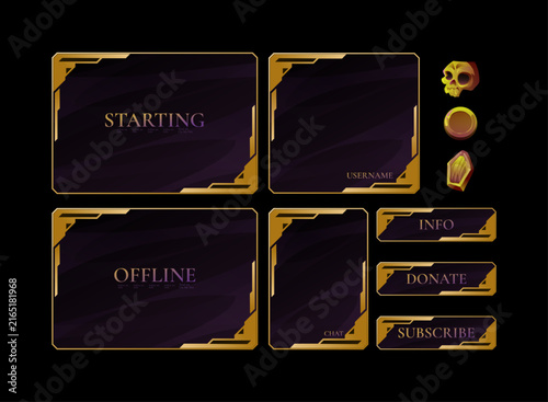 Fantasy gold Halloween game UI overlay set featuring ornate panels for starting, offline, chat, username, info, donate, and subscribe screens with skull, coin, and crystal reward icons.