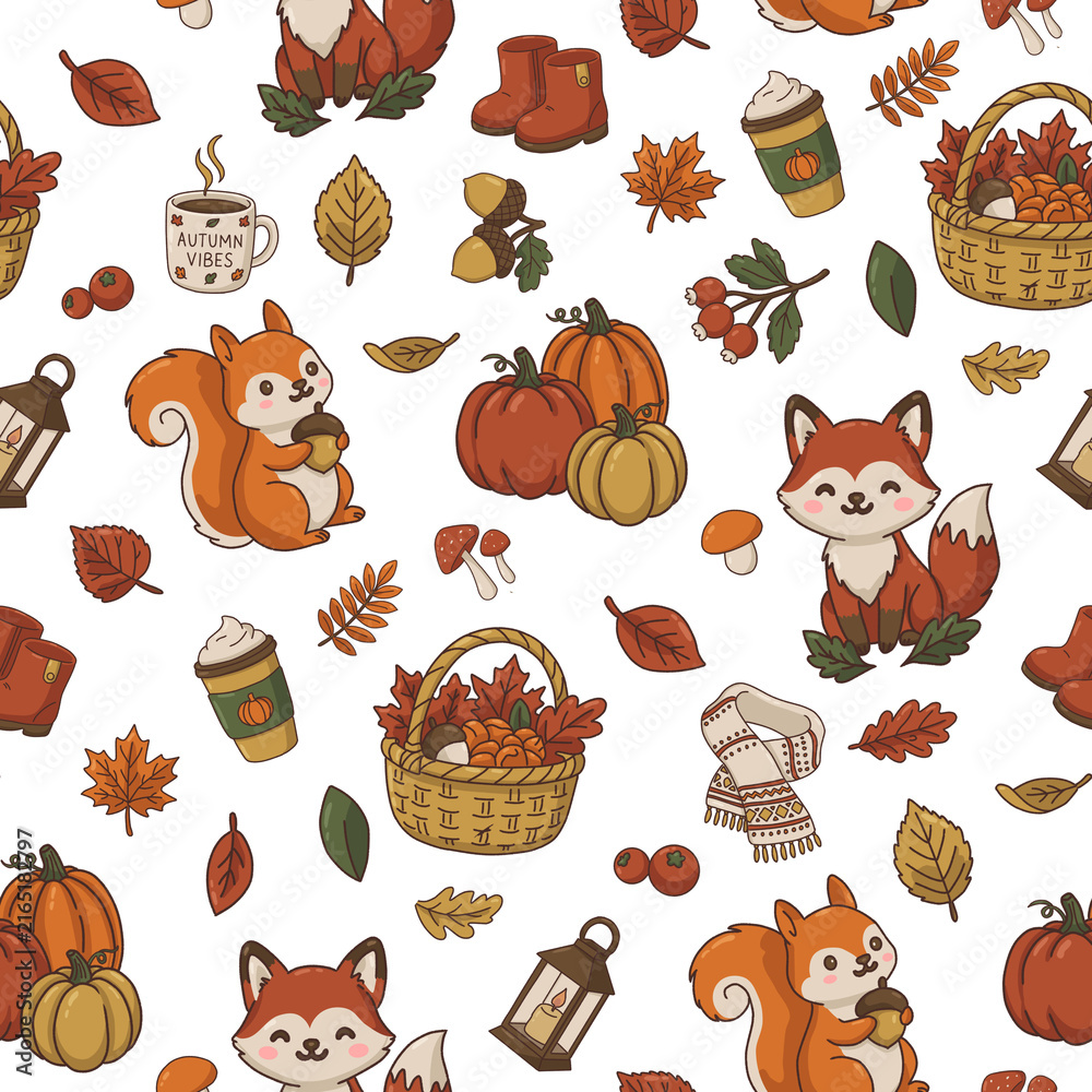 Fototapeta premium Cute autumn woodland animals seamless pattern on a black background. Adorable fox, squirrel, pumpkins, mushrooms, leaves, and cozy fall drinks repeating pattern for Thanksgiving wrapping paper