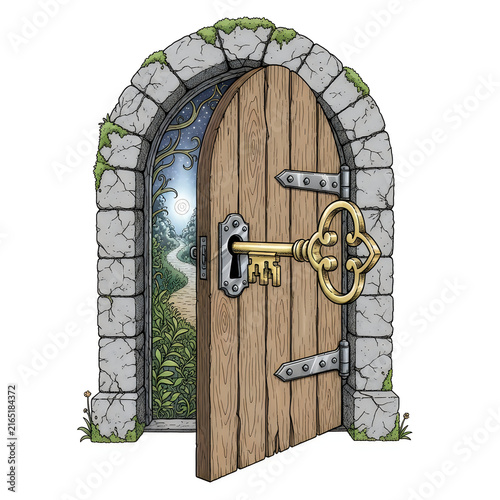 Old wooden door with a large golden key in a stone archway