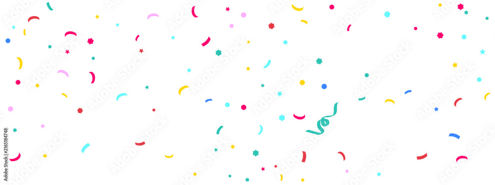 Fototapeta premium White backdrop with colorful confetti scatter. Pink, teal, yellow stars, dots, curved streamers, ribbon pieces in festive falling pattern. Vector Template for birthday, carnival