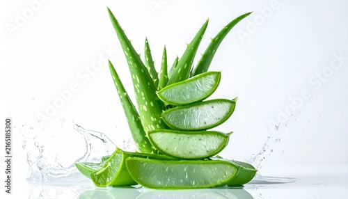 Fresh Aloe Vera Leaves with Water Droplets White Background