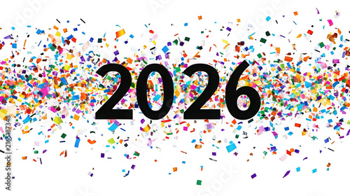 Bold black 2026 typography surrounded by colorful festive paper confetti on transparent background