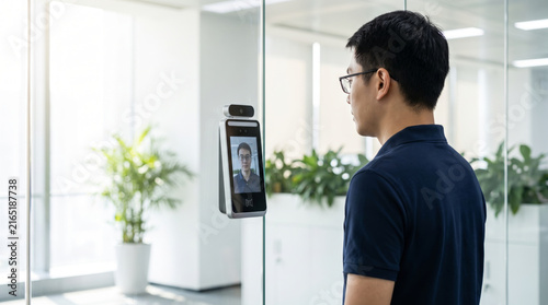 Biometric face scanner identity office access control uses facial recognition for security. Futuristic digital facial recognition system. identification verification id access, security protection