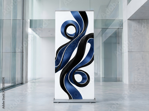 Modern roll-up banner mockup in bright office lobby, vertical pull-up display with blue abstract art, corporate exhibition stand