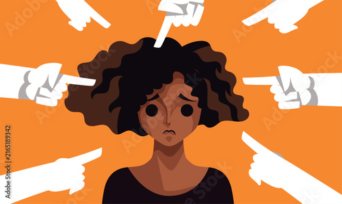 Konstfotografi black woman being pointed at and discriminated against by white hands