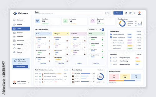 Task Management Dashboard UI Template with Kanban Board and Team Workload