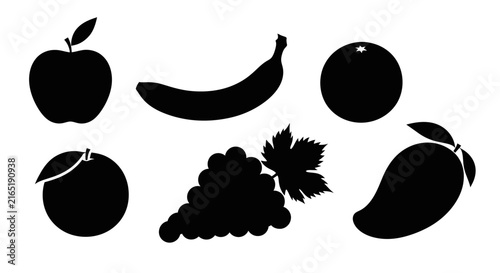 Silhouettes of various fruits on white background with black silhouettes seven fruits nutrition graphic healthy banana grapes orange apple with mango