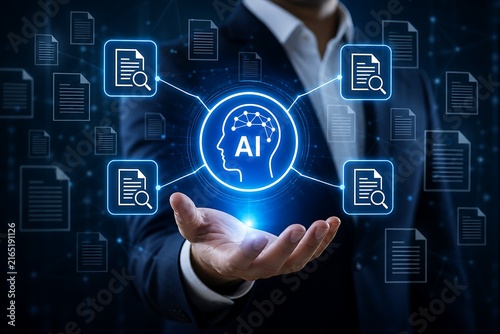 Businessman holding glowing ai brain with interconnected documents and data icons